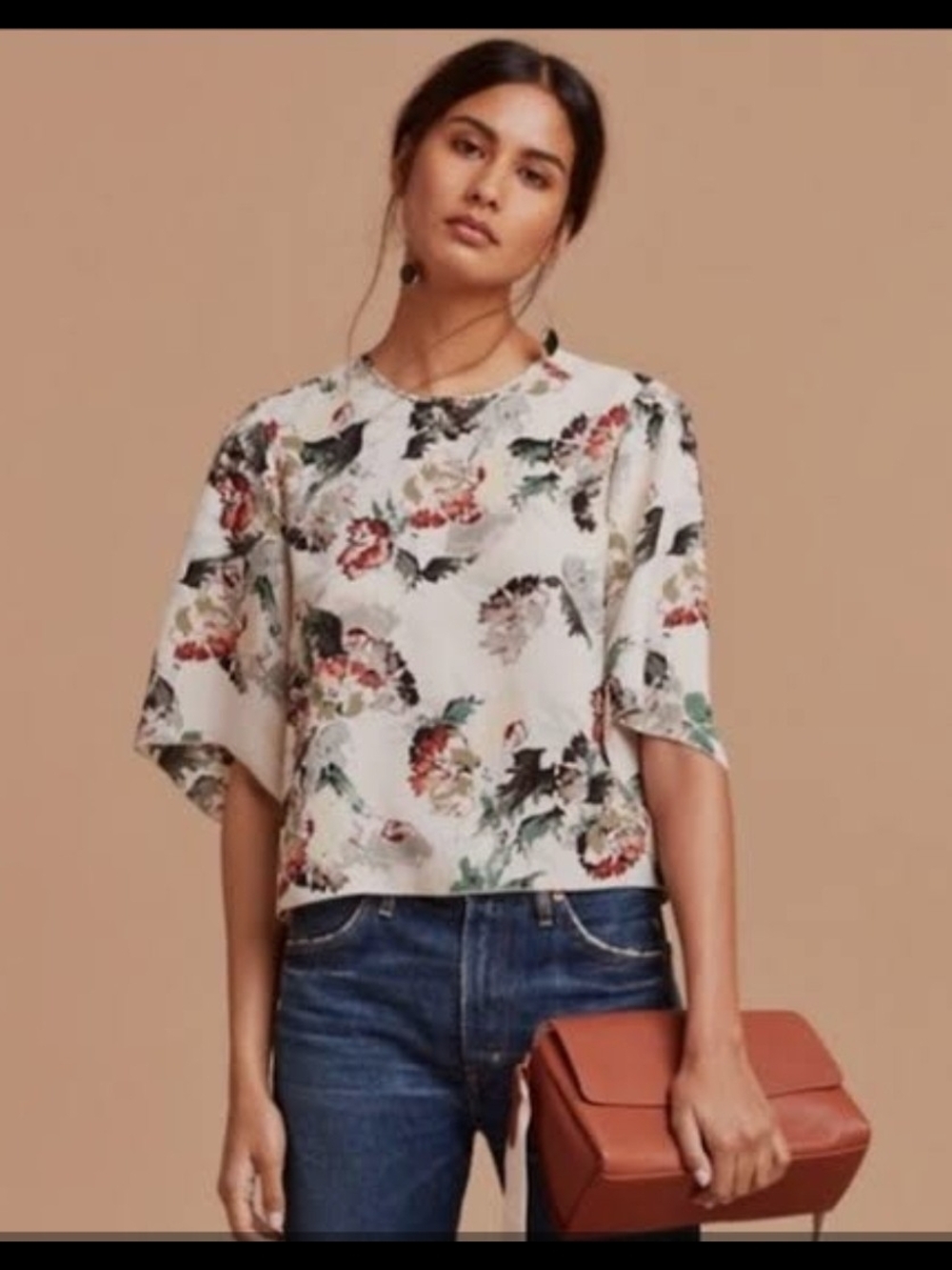 Aritzia Wilfred Cambrai Blouse NWOT Silk Trim Dusty Rose Floral Bell Sleeve S